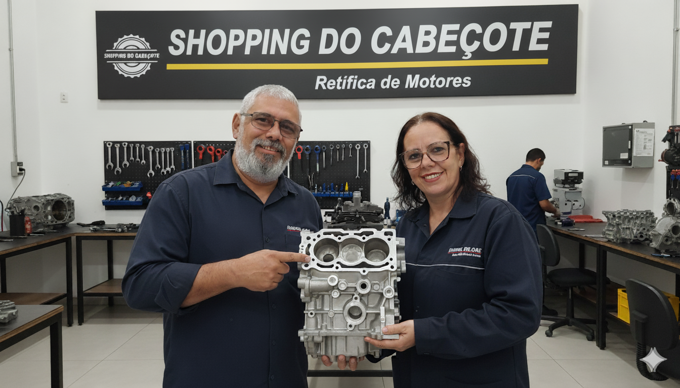 Equipe Shopping do Cabeçote, Adriana e parceiro, apresentando um motor retificado